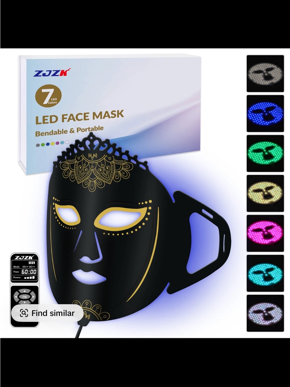 ZJZK LED Light-Up Facial Mask - Black with Gold Accents